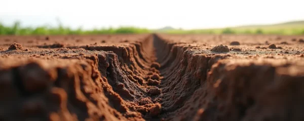 Coupe pédologique montrant un profil de sol avec fissures verticales structurées, racines en exploration profonde, horizon enrichi en matière organique, couleurs naturelles terre.