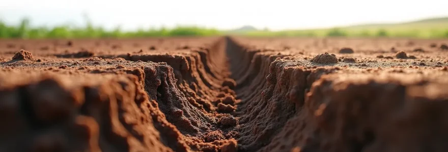Coupe pédologique montrant un profil de sol avec fissures verticales structurées, racines en exploration profonde, horizon enrichi en matière organique, couleurs naturelles terre.