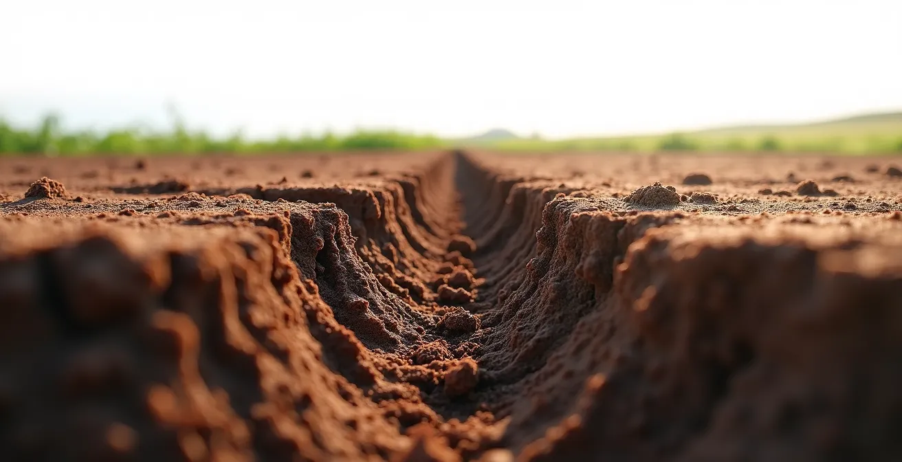 Coupe pédologique montrant un profil de sol avec fissures verticales structurées, racines en exploration profonde, horizon enrichi en matière organique, couleurs naturelles terre.