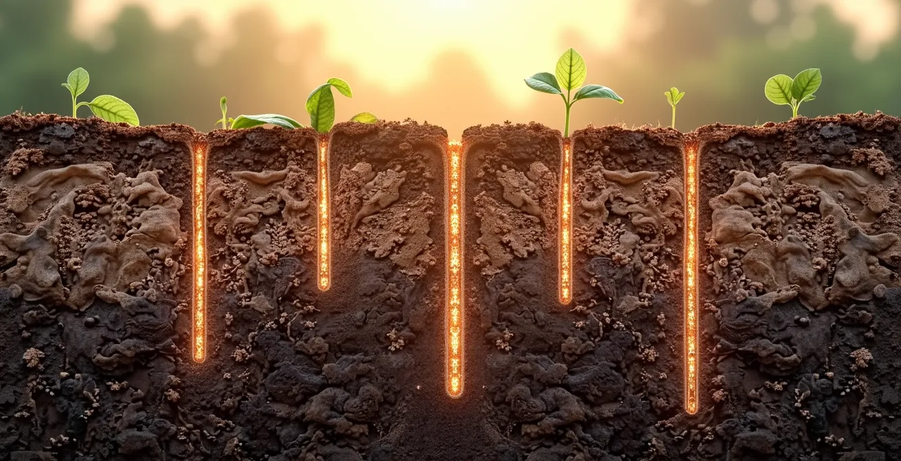 Coupe transversale photographique d'un sol montrant la porosité verticale (macropores) en forme de capillaires naturels, lumière latérale rasante révélant les vides, couleurs terreuses authentiques.