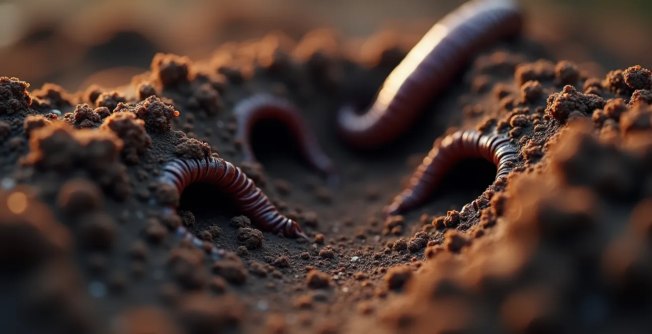 Macro-détail en close-up des tunnels creusés par les vers de terre dans un sol sombre enrichi de matière organique, texture brune riche, profondeur de champ très faible avec bokeh naturel.