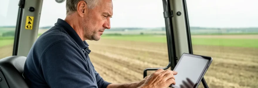 Agriculteur consultant une tablette de gestion parcellaire en cabine de tracteur