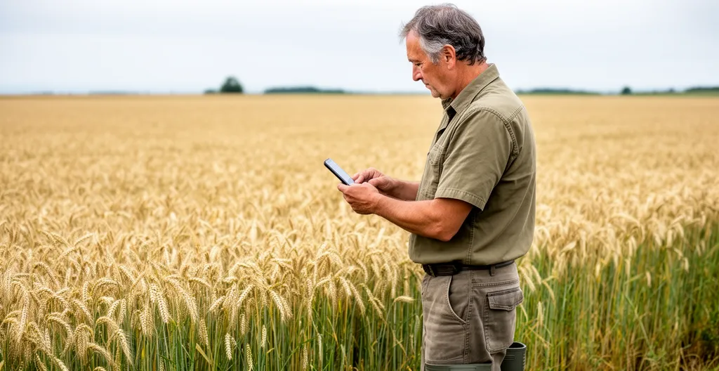 Agriculteur saisissant des données sur smartphone en bordure de parcelle céréalière