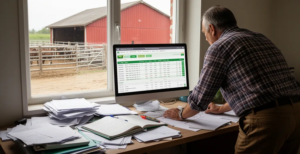 Bureau d'exploitation agricole avec écran de gestion et classeurs papier