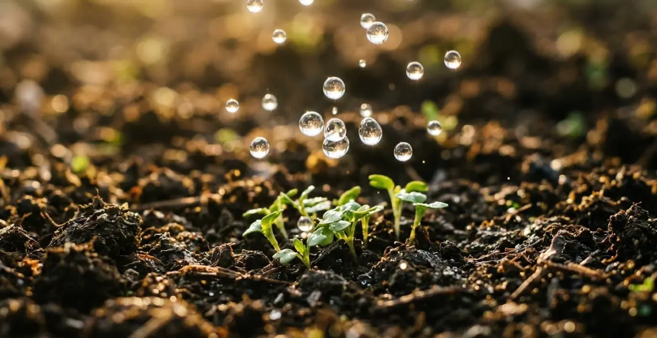 Macro photographie de gouttes d'eau cristallines en suspension au-dessus d'un sol agricole fertile avec jeunes pousses vertes, lumière dorée naturelle traversant les gouttelettes