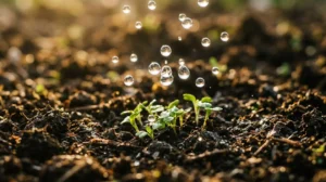 Macro photographie de gouttes d'eau cristallines en suspension au-dessus d'un sol agricole fertile avec jeunes pousses vertes, lumière dorée naturelle traversant les gouttelettes