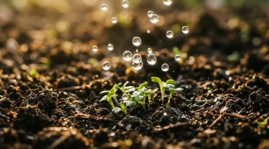 Macro photographie de gouttes d'eau cristallines en suspension au-dessus d'un sol agricole fertile avec jeunes pousses vertes, lumière dorée naturelle traversant les gouttelettes