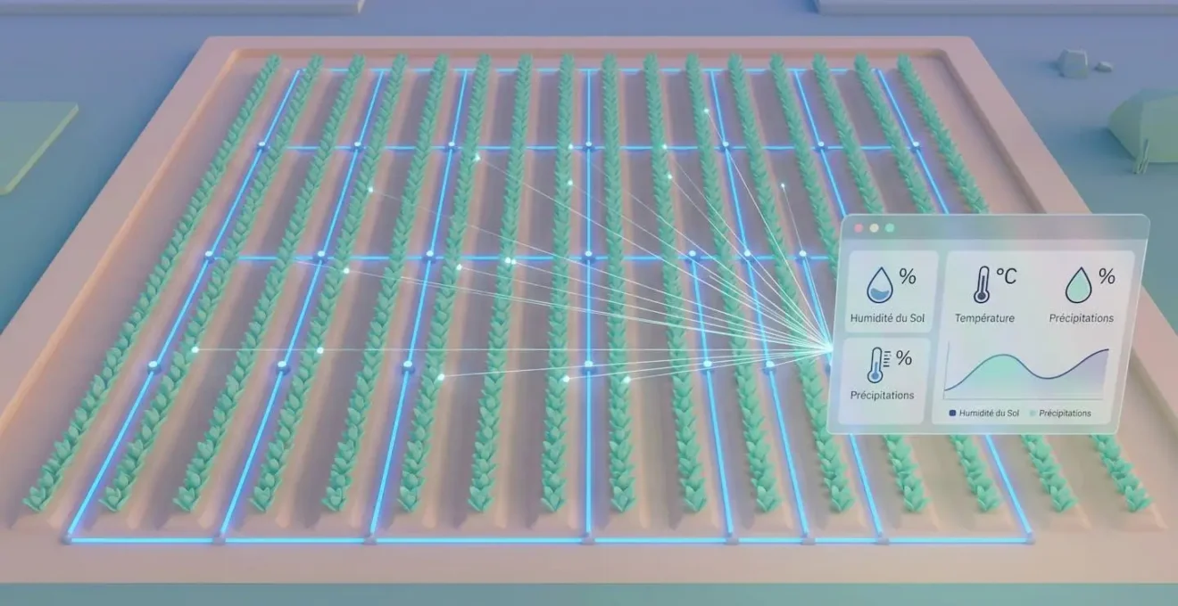 Illustration 3D aérienne isométrique d'une parcelle agricole avec réseau d'irrigation intelligent matérialisé par lignes bleues lumineuses et interface de pilotage affichant données en français