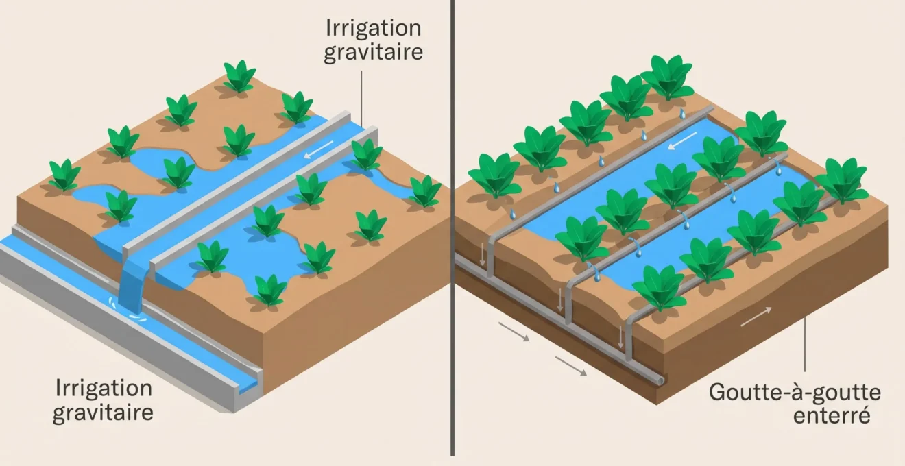 Illustration isométrique 3D comparant irrigation gravitaire traditionnelle avec canaux et irrigation goutte-à-goutte enterrée ciblant les racines, avec labels en français